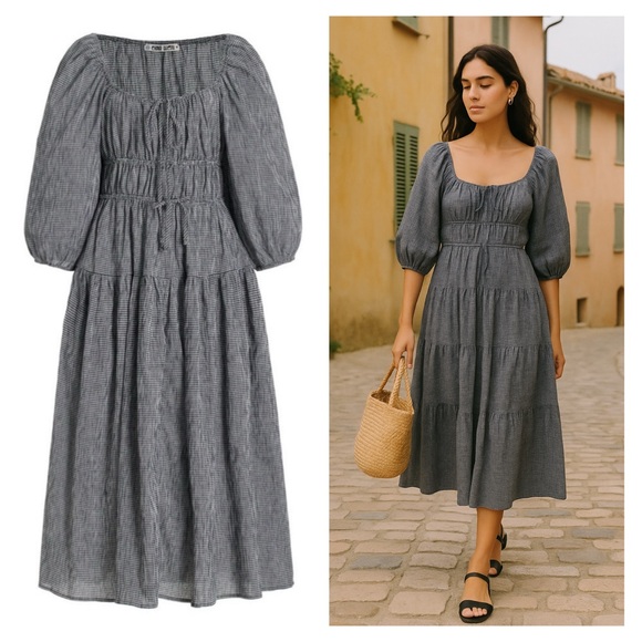 CIAO LUCIA Rochelle Dress XS Blue Grey Plaid Gingham Cotton Midi Cottagecore NWT - Picture 1 of 14